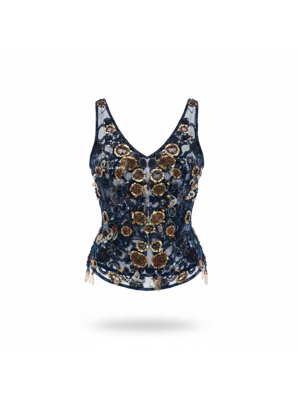 VINTAGE 90s NAVY SHEER BEADED SEQUIN TOP